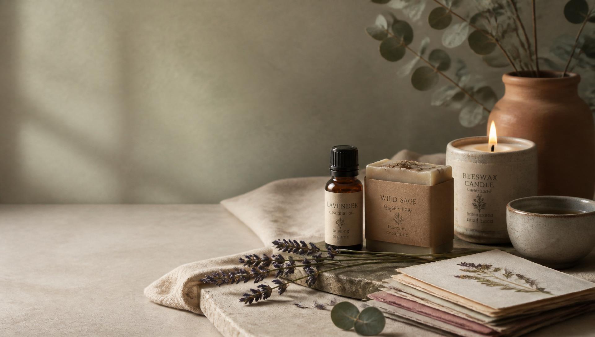 Sustainable skincare still life — amber essential oil, organic soap, beeswax candle and eucalyptus