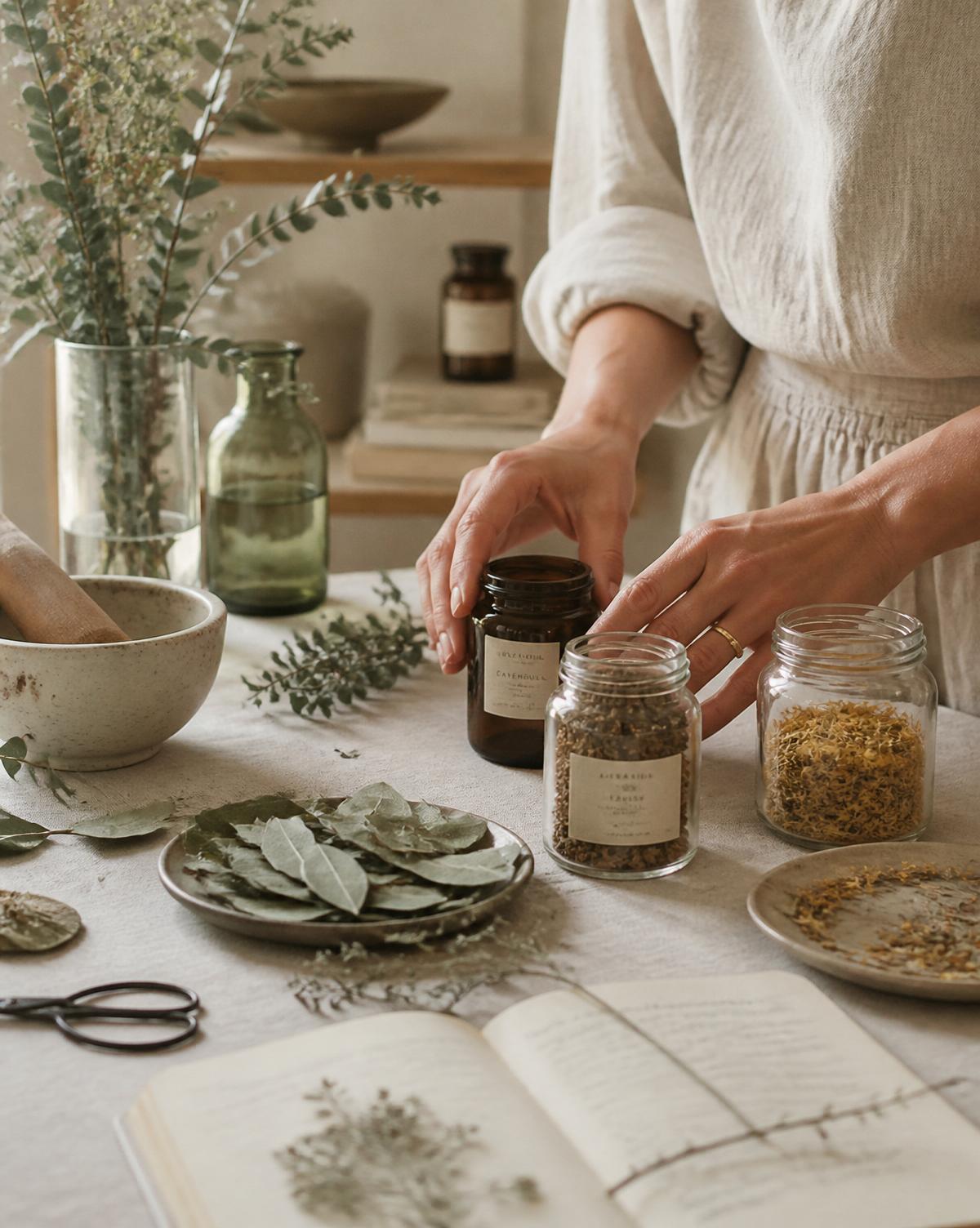 GlowDuty studio bench with dried herbs and glass jars